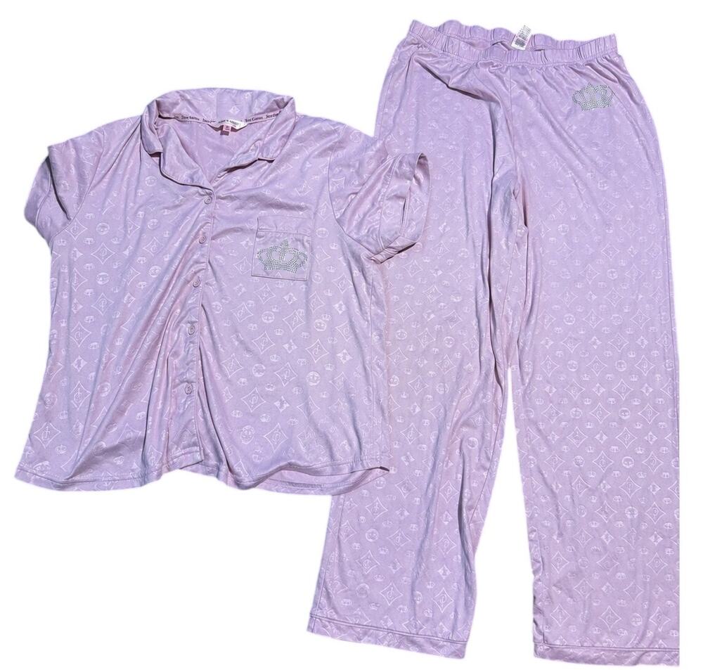 Juicy Couture Y2K Pin Monogram Pajama Set, Rhinestone Logo, Size XL